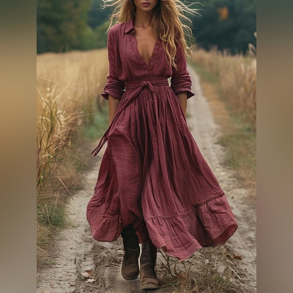 Tie Waist Long Sleeve Ruffled Hem Dress - Picture 1 of 8